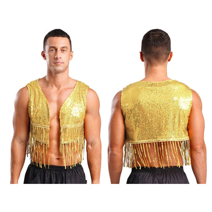 Mens Cowboy Western Costume Shiny Vintage 70s Disco Costumes Fringe Sequin Waistcoat Sleeveless Open Front Cropped Vest Cardigan