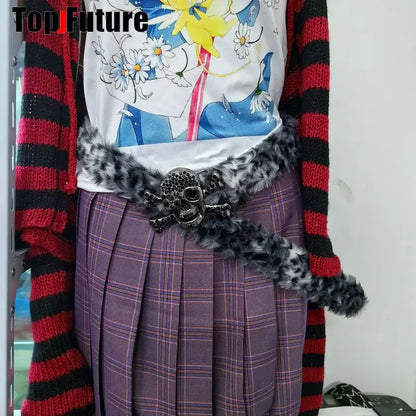 Y2K-Harajuku Western Cowboy Furry Snowleopard Punk Skull Belt, Gift for Women and Men, Girls