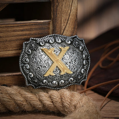 Western Belt Buckle Initial Letters ABCDEFG to Y-Cowboy Rodeo Silver Large Belt Buckle for Men Women