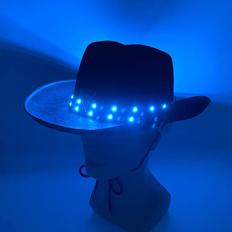 Chapeau de cowboy LED télécommandé pour femmes et hommes, chapeaux de cow-girl occidentaux, robe de l'ouest, vêtements de sauna scintillants pour Halloween, casquette unisexe, mode