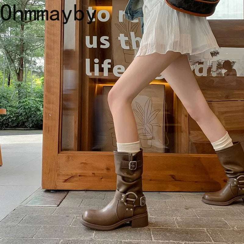 Bottes d'hiver de cowboy pour femmes, bottines décontractées à enfiler, fond épais, style moderne