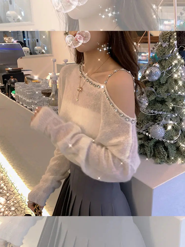 Sweater Mujer Sexy Off Shoulder Knitted Long Sleeve Pullover Femme Autumn Vintage Chandails White Black Top Women Thin Sweater