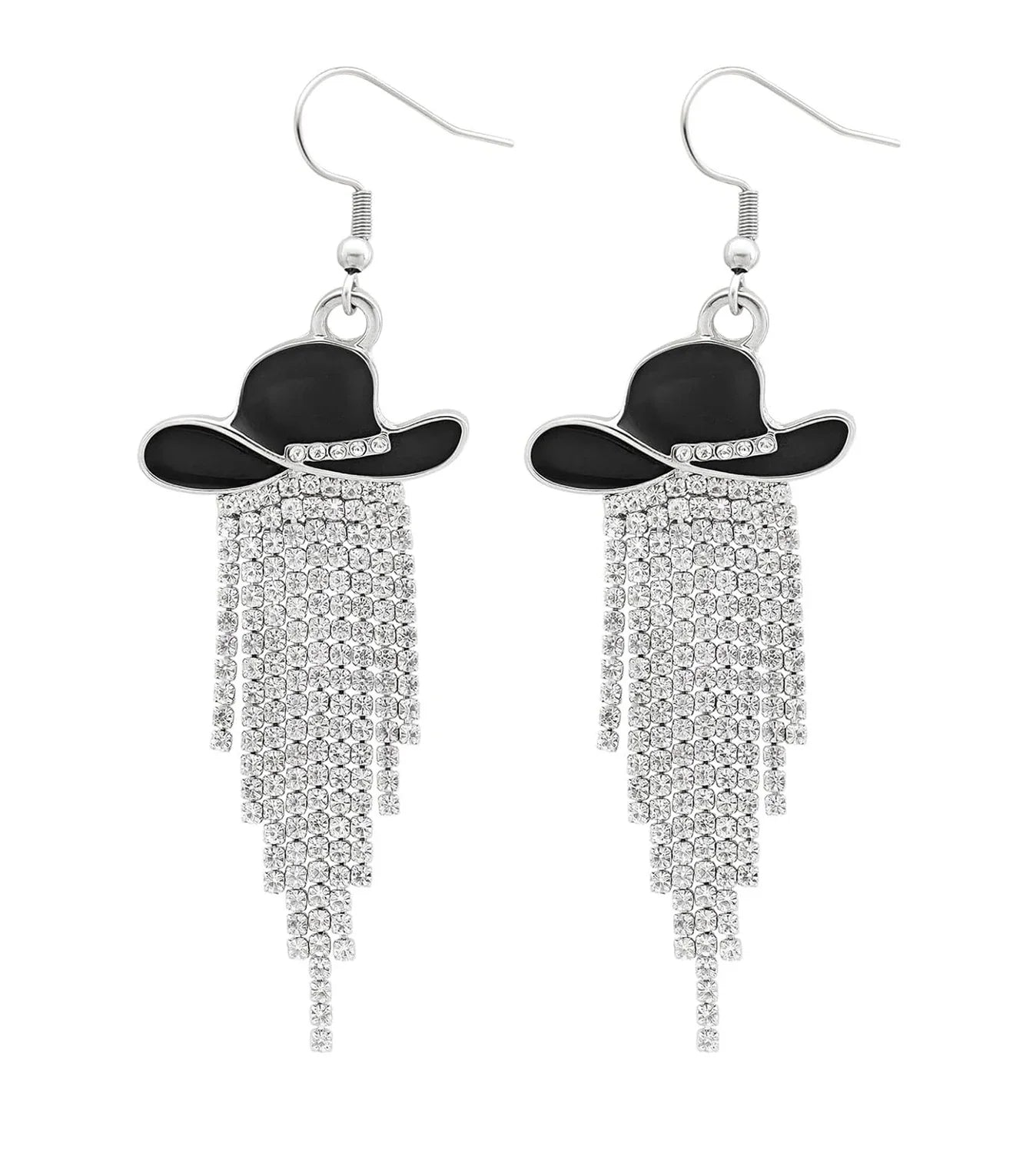 Boucles d'oreilles pendantes de cowgirl de l'Ouest, Chapeau en émail, Pendentif à pompon strass scintillant, Bijoux pour femmes pour bal, concerts country, rodéo, cow-boy