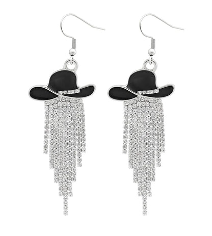 Boucles d'oreilles pendantes de cowgirl de l'Ouest, Chapeau en émail, Pendentif à pompon strass scintillant, Bijoux pour femmes pour bal, concerts country, rodéo, cow-boy