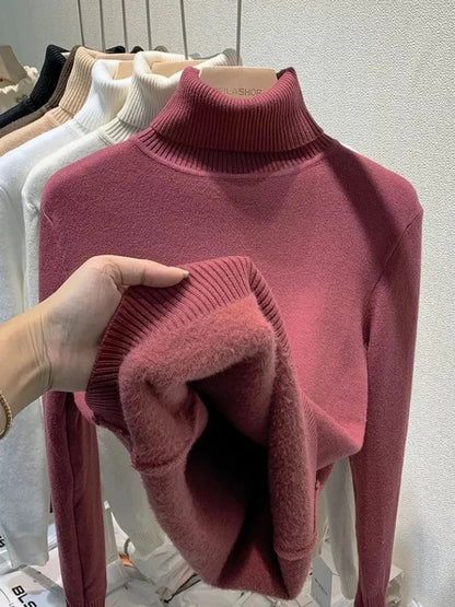 Turtleneck Winter Sweater Women Elegant Thicken Velvet Lined Warm Sueter Fleece Knitted Pullover Slim Top Jersey Knitwear Jumper