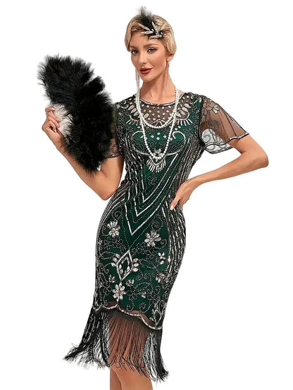 Flapper Dresses 1920s Gatsby Roaring 20s Sequin Beaded Fringe Dress Crew Neck See-through Themed Party Club Dress