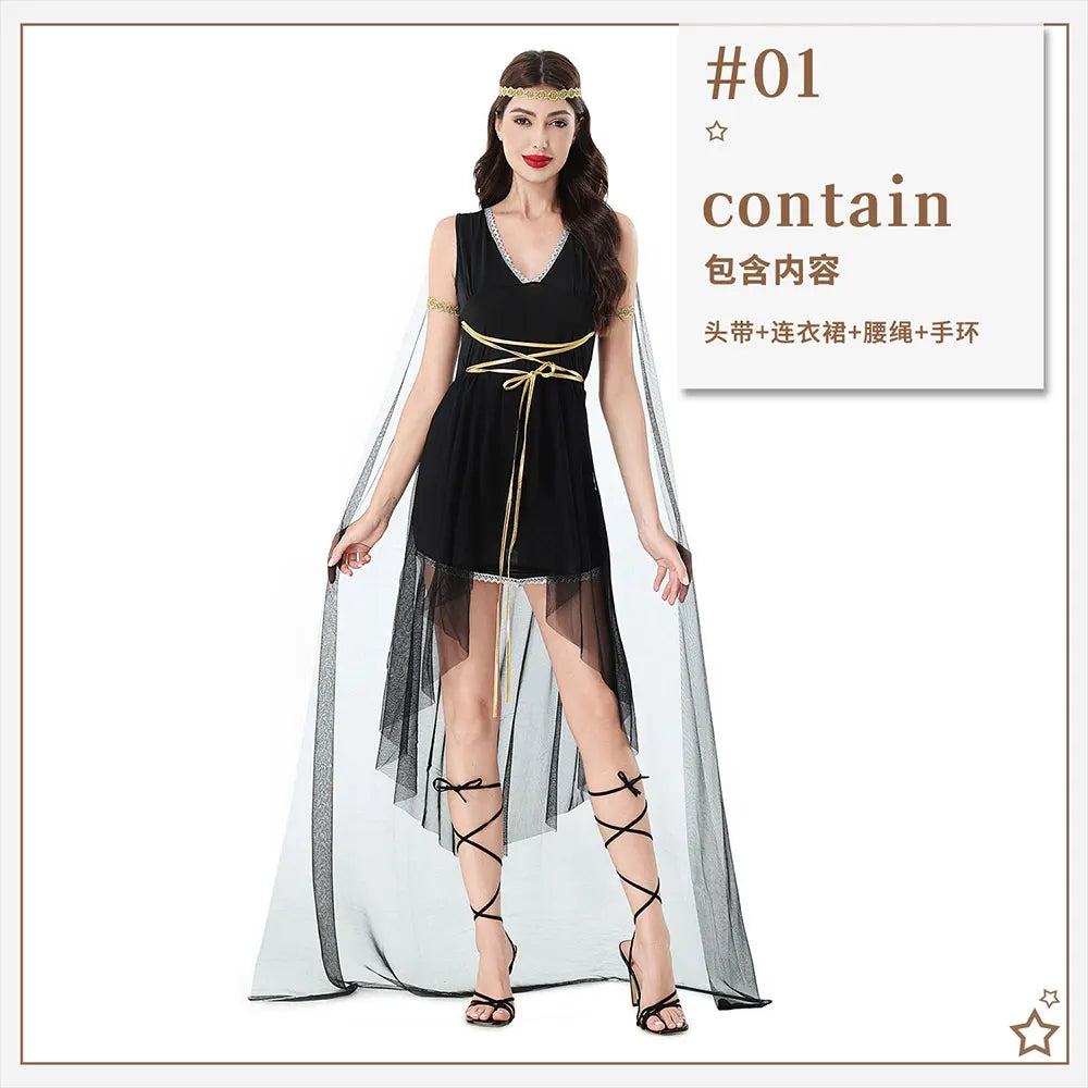 Costume d'Halloween de déesse grecque médiévale ; robe d'elfe ; Cléopâtre ; tenue de spectacle Athéna.