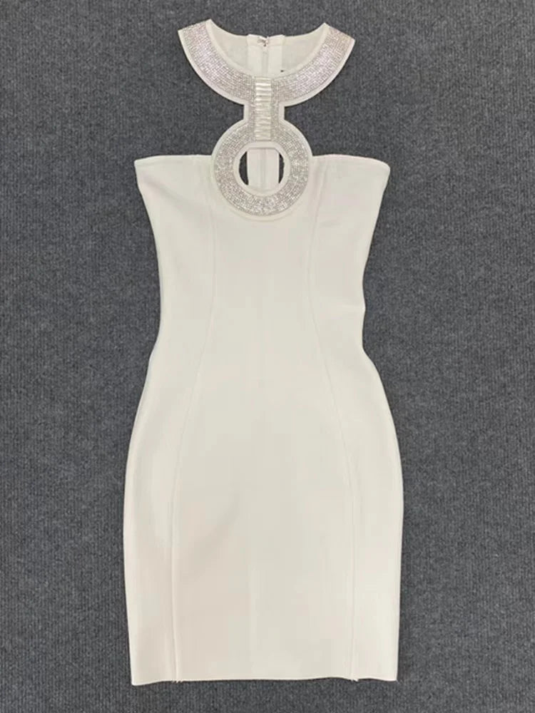2022 New Bandage Dress Fashion Sexy Halter Neck Diamond Collar Short Skirt Banquet Party Little Black Dress-A1252