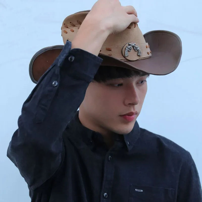 Chapeau de Cowboy occidental classique pour hommes et femmes, casquette de Cowgirl en Faux cuir noir, décontracté pour l'extérieur, Sombrero Hombre avec corde coupe-vent