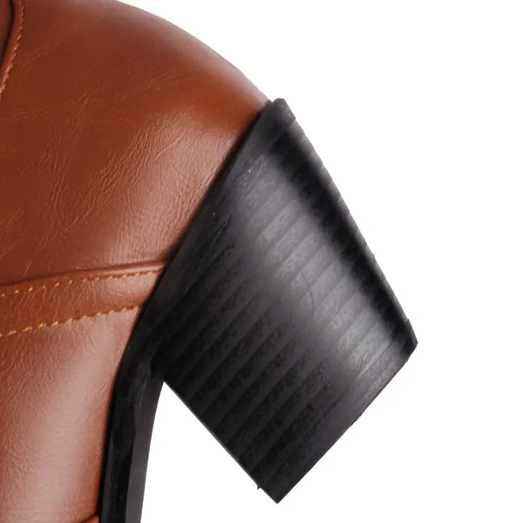 Bottes western rétro noires mi-mollet pour femme à talons épais gothiques, grandes tailles 34-48 777-11