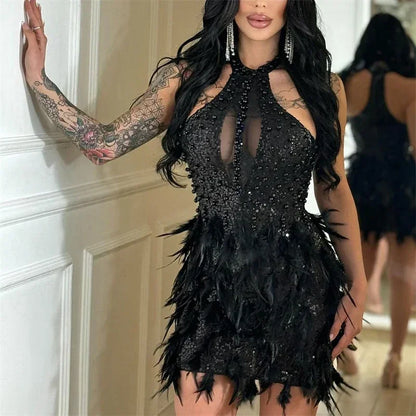 Sexy Glitter Sequins Birthday Dress Women Nightclub Party Halter Backless Feathers Sleeveless Prom Cocktail Short Dresses Robe