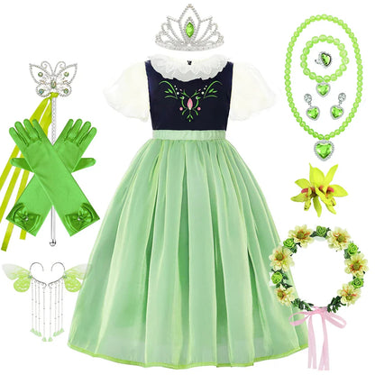 Robe de princesse de cosplay Anna pour filles, costume en maille à manches lanternes, pour fête d'anniversaire, carnaval, Halloween, robe de bal pour enfants