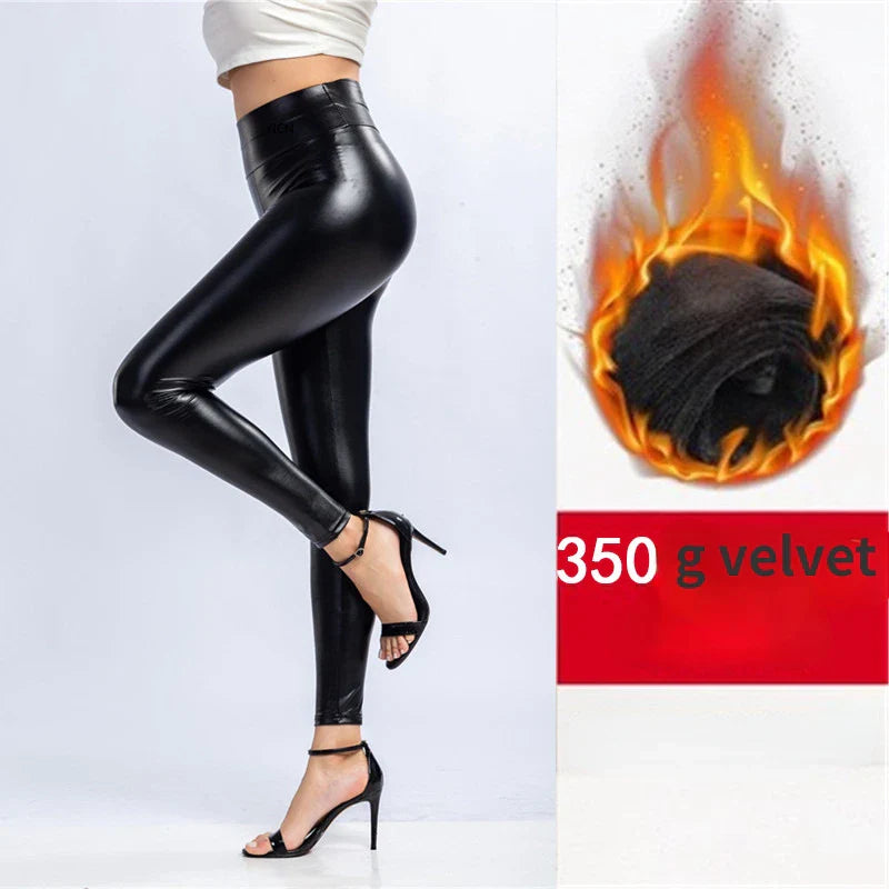 Leggings d'hiver en cuir Pu pour femmes Leggins chauds Leggins en velours noir Leggings taille haute extensible maigre grande tailleLeggings