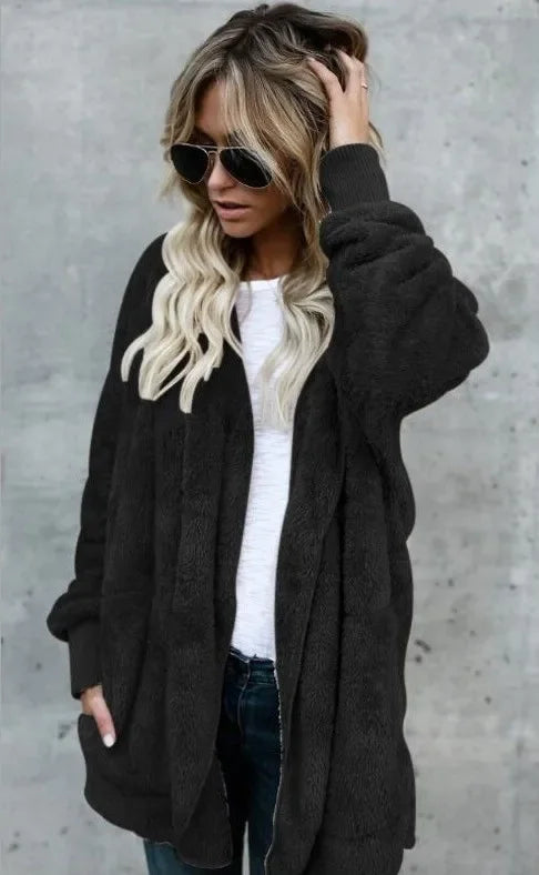 Winter Double Fleece Cardigan Jacket Autumn Women Solid Color Long Sleeve Plush Warm Hooded Lady Jacket Oversized Outerwear Coat