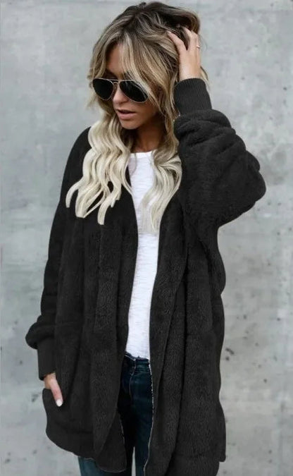 Winter Double Fleece Cardigan Jacket Autumn Women Solid Color Long Sleeve Plush Warm Hooded Lady Jacket Oversized Outerwear Coat