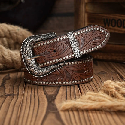 Ceinture Western Cowboy en Similicuir PU - Sangle de Taille Homme Décoration Taureau Gravure Florale pour Jeans