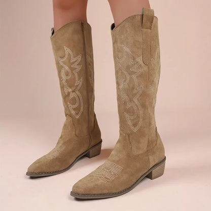 Bottes de Cowboy occidentales brodées pour femmes, bout pointu, talon épais, bottes hautes aux genoux, amples, en cuir PU, longues, automne