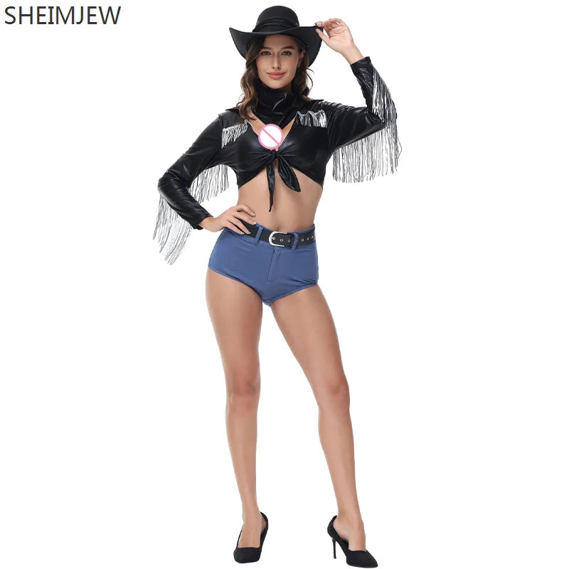 Costume de Cosplay de Cowboy occidental Disco, chanteur Sexy, pompon d'halloween, col en V profond, chemise en cuir à manches longues, pantalon court, Costume Hottie