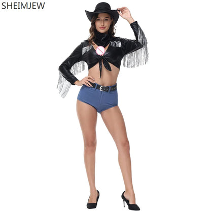 Costume de Cosplay de Cowboy occidental Disco, chanteur Sexy, pompon d'halloween, col en V profond, chemise en cuir à manches longues, pantalon court, Costume Hottie