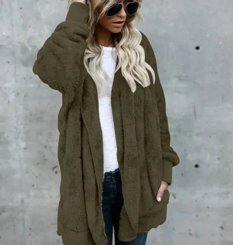 Winter Double Fleece Cardigan Jacket Autumn Women Solid Color Long Sleeve Plush Warm Hooded Lady Jacket Oversized Outerwear Coat