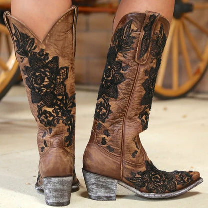 Western Style Women's Pointed Large Embroidered Rose High Heels Vintage Old Women's Boots High Barrel Western Boots