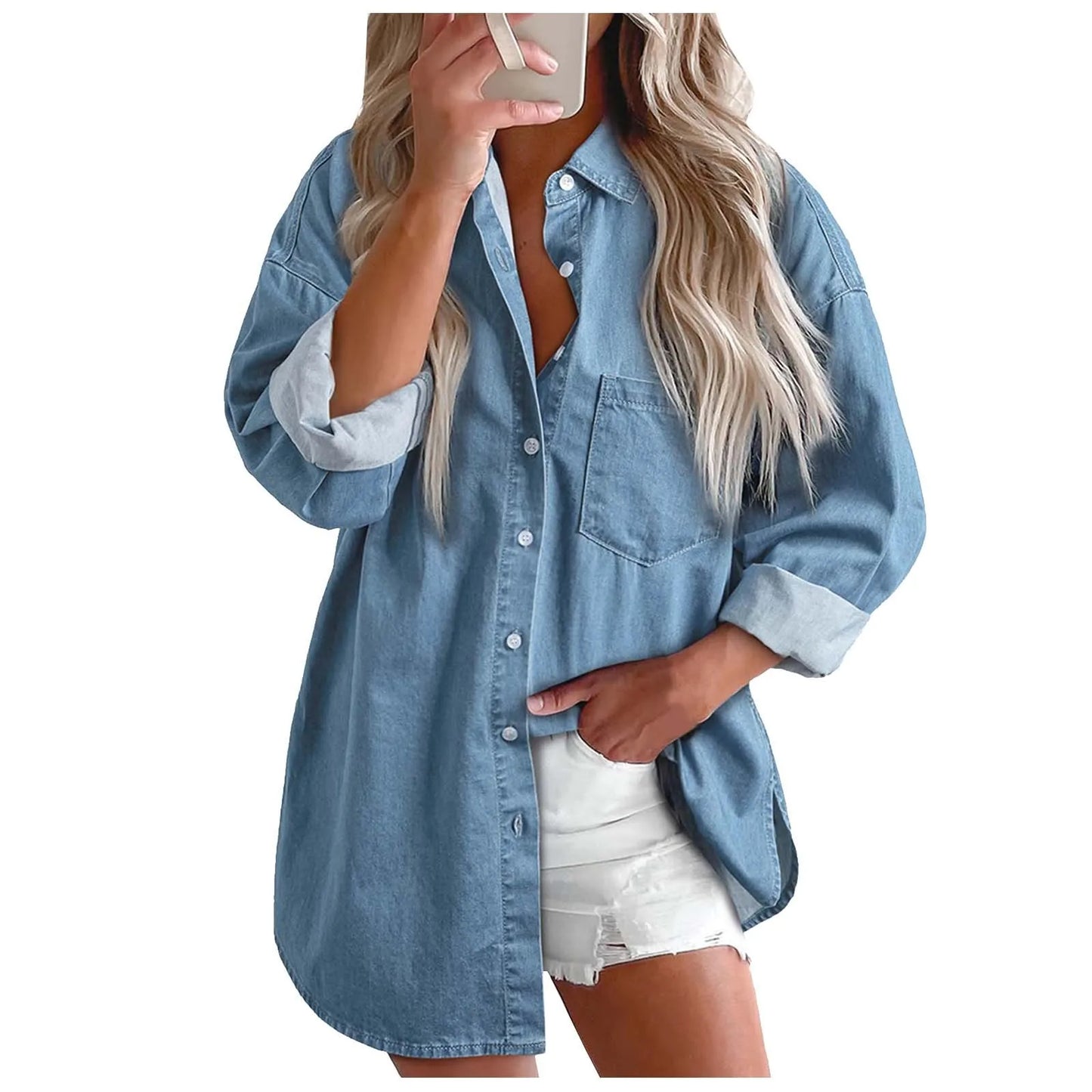 New 2024 Casual Fashionable Denim Shirts Wild Pockets Korean Style Autumn Summer Women'S Blouses Minimalist Lady Tops