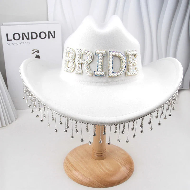Chapeau de Cowboy blanc de mariée avec voile, perles et strass, chapeau de Cowgirl pour mariage, enterrement de vie de jeune fille, douche nuptiale, décoration, cadeau