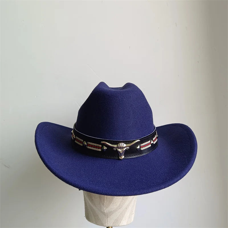 Ethnic Style Cowboy Hat Fashion Chic Unisex Solid Color Jazz Hat With Bull Shaped Decor Western Cowboy Hats
