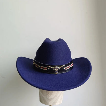 Ethnic Style Cowboy Hat Fashion Chic Unisex Solid Color Jazz Hat With Bull Shaped Decor Western Cowboy Hats
