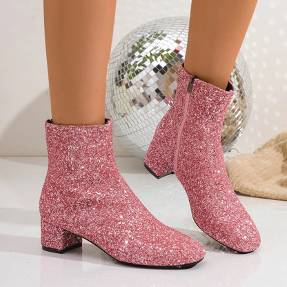 Luxury Sequined Women Ankle Boots Solid Color Chunky Block Heels Short Boot Side Zipper Autumn Winter Party Shoes Large Size