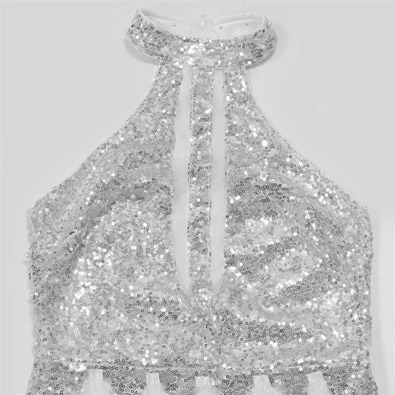Sexy Glitter Sequins Birthday Dress Women Nightclub Party Halter Backless Feathers Sleeveless Prom Cocktail Short Dresses Robe
