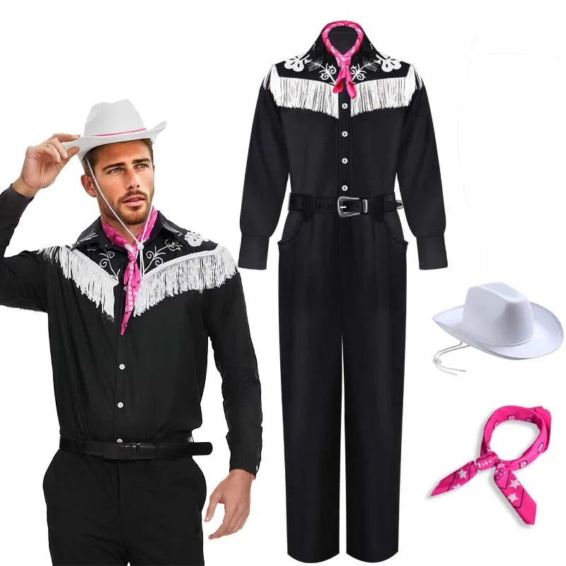 Costume de cowboy pour homme avec écharpe, chemise noire à franges à manches longues, pantalon et chapeau, idéal pour Halloween ou cosplay adulte