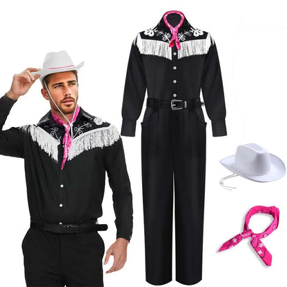 Costume de cowboy pour homme avec bandana, chemise à franges noires à manches longues, pantalon et chapeau, idéal pour Halloween ou cosplay adulte.