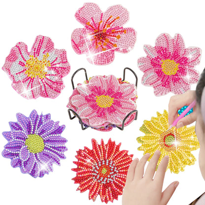 6Pcs DIY Diamond Painting Coasters Mandala Flowers 5D Full Drill Diamond Art Non Slip Coasters with Holder Ideal Christmas Gift