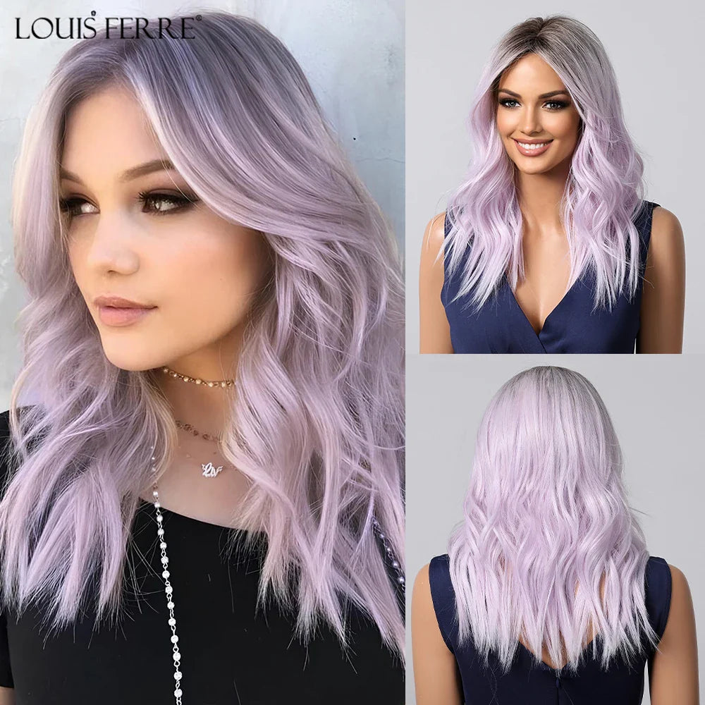 Brown Blonde Ombre Synthetic Wigs for Women Medium Length Wavy Layered Wigs With Side Bangs Daily Party Heat Resistant Fake Hair