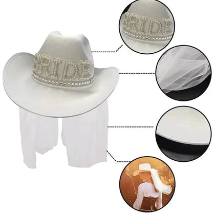Bride White Cowboy Veil Hat Pearl Rhinestone Wedding Cowgirl Hat Bach Bachelorette Hen Party Bridal Shower Decoration Gift