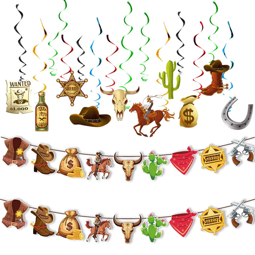 Wild Western Cowboy Party Swirls Streamers Western Theme Birthday Hanging Banner Photography Backdrop Western Cowboy Party Decor