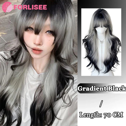 Pink Blonde Highlights Long Wavy Wig Synthetic Colorful Lolita Cosplay Hair Wigs with Bangs for Women Heat Resistant Daily Use