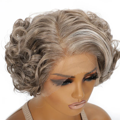 10 Inch Short Curly Wavy Blonde Black Grey Synthetic Wig for Women Natural Look T-Part Lace Front Hair Replacement
