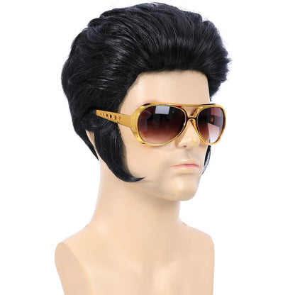 Perruque Synthétique Légendaire Rock Années 50 60 pour Hommes Perruque Elvis Perruque de Chanteur Rocker des Années 1950 avec Accessoires pour Cosplay Fête d'Halloween