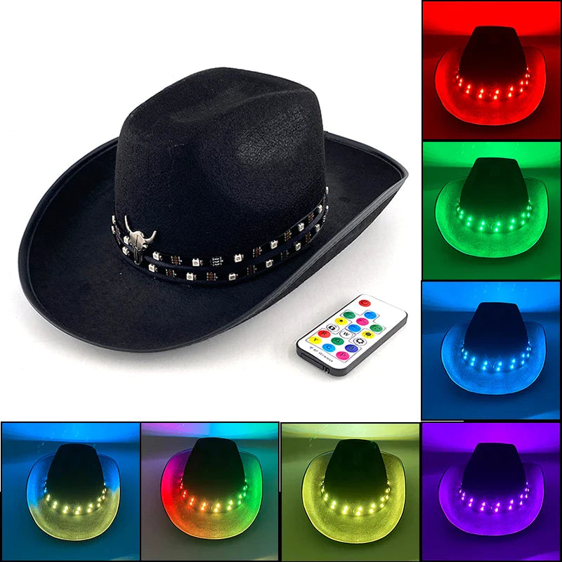 Chapeau de cowboy LED télécommandé pour femmes et hommes, chapeaux de cow-girl occidentaux, robe de l'ouest, vêtements de sauna scintillants pour Halloween, casquette unisexe, mode