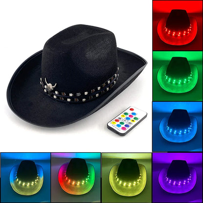 Chapeau de cowboy LED télécommandé pour femmes et hommes, chapeaux de cow-girl occidentaux, robe de l'ouest, vêtements de sauna scintillants pour Halloween, casquette unisexe, mode