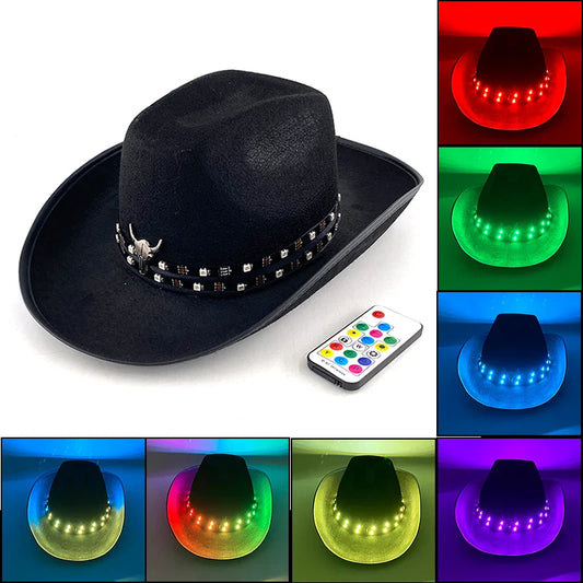 Chapeau de cowboy LED télécommandé pour femmes et hommes, chapeaux de cow-girl occidentaux, robe de l'ouest, vêtements de sauna scintillants pour Halloween, casquette unisexe, mode
