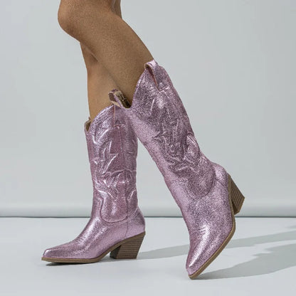 Eilyken Designer Embroidery Knee-High Boots Women Handmade Western Cowboy Booties Street Low Heels Shoes Zapatos De Mujer