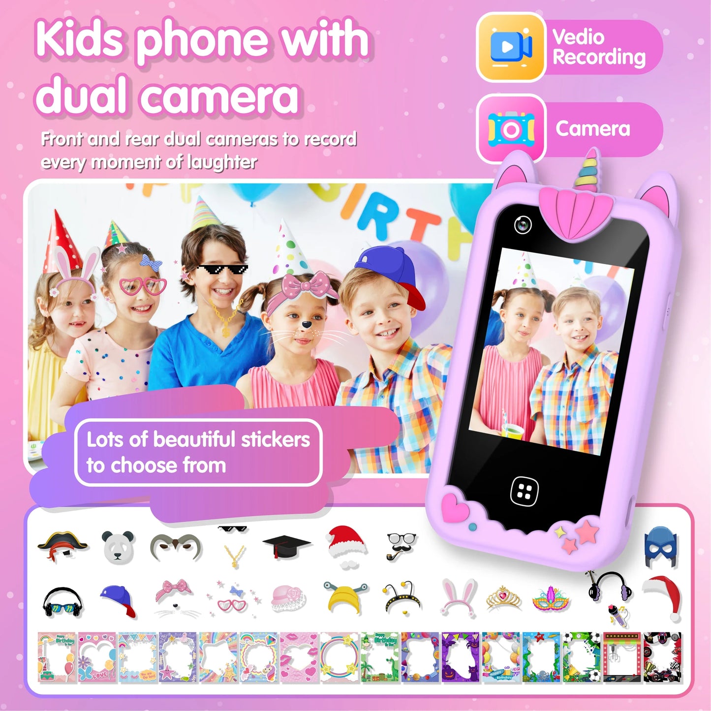 Téléphone intelligent pour enfants Filles Garçons Jouets Téléphone portable Double appareil photo Lecteur de musique 17 jeux Téléphone d'apprentissage pour tout-petits Cadeaux d'anniversaire