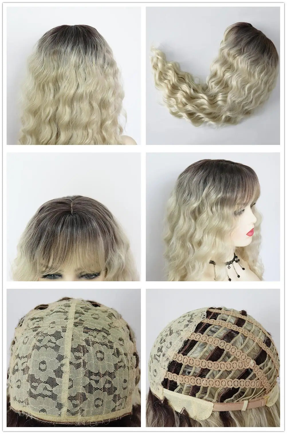 Perruque blonde bouclée cheveux synthétiques longs naturels perruques ondulées pour femmes blanches, raie libre, racines foncées, perruques ombrées, perruque ondulée tendance + autocollants