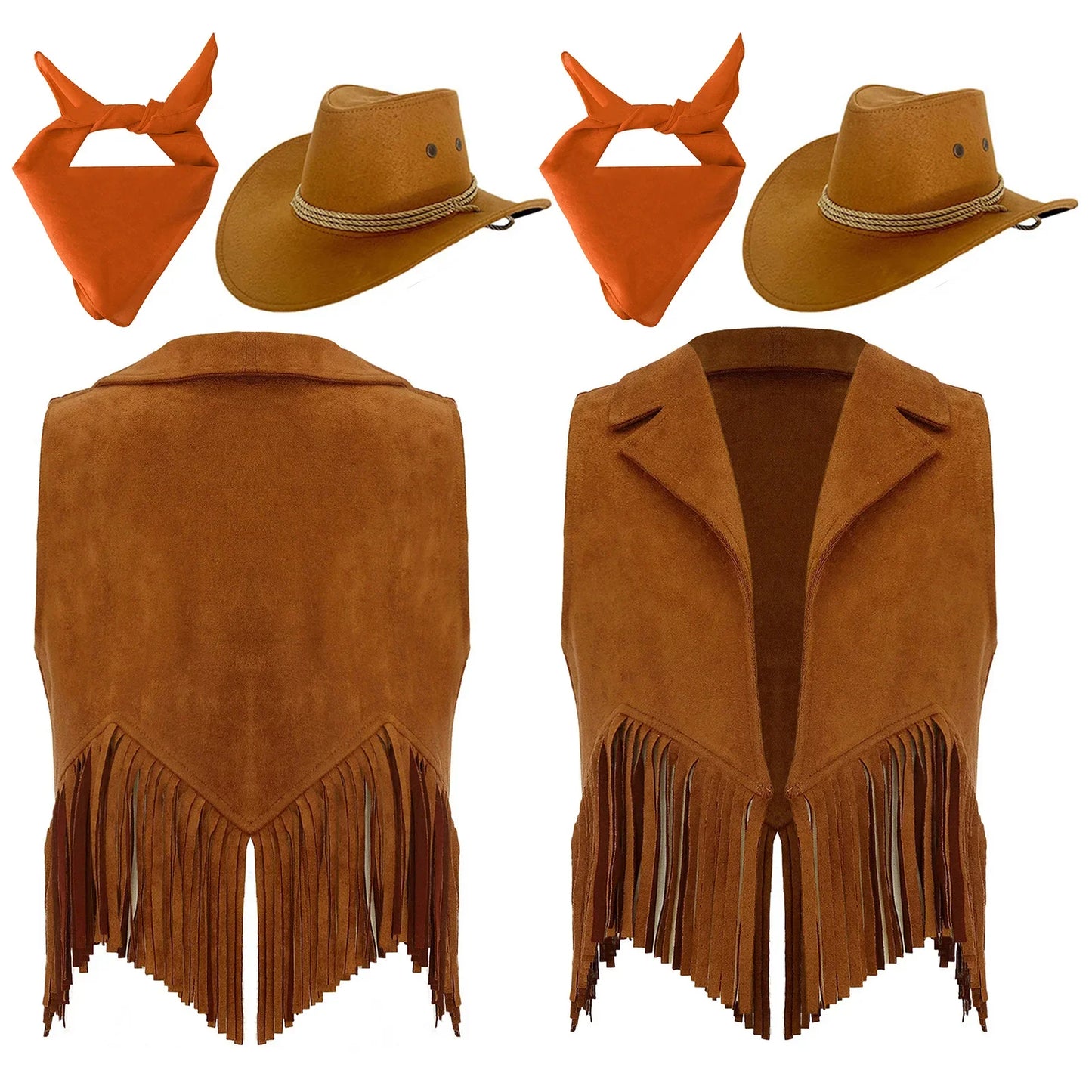 Girls Western Cowboy Cowgirl Cosplay Costume Open Front Retro Suede Tassels Vest with Bandana Scarf Hat for Halloween Carnival