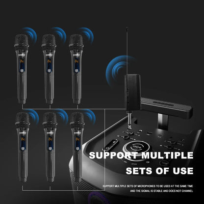 BOMGE Microphone à main sans fil, système de micro dynamique double sans fil avec récepteur Rechargeable 1800MAh pour karaoké