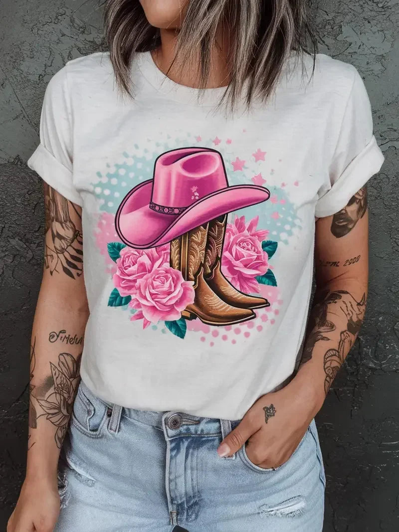 Western Cowboy Hat and Boot Pattern Women's T-shirt Fashionable Casual Short Sleeved Daily Street Round Neck Oversized Women Top