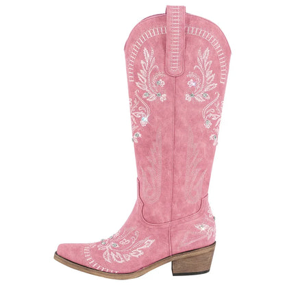 Bottes de cowboy blanches brodées Onlymaker pour femmes, à talon bloc, bout pointu, ornées de cristaux, style cowgirl.